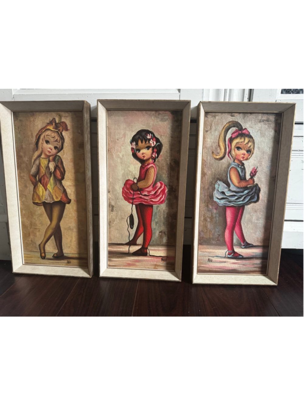 Vintage Maio Big Eye Girl Prints Set 3 Mid Century Framed Wall Art Retro